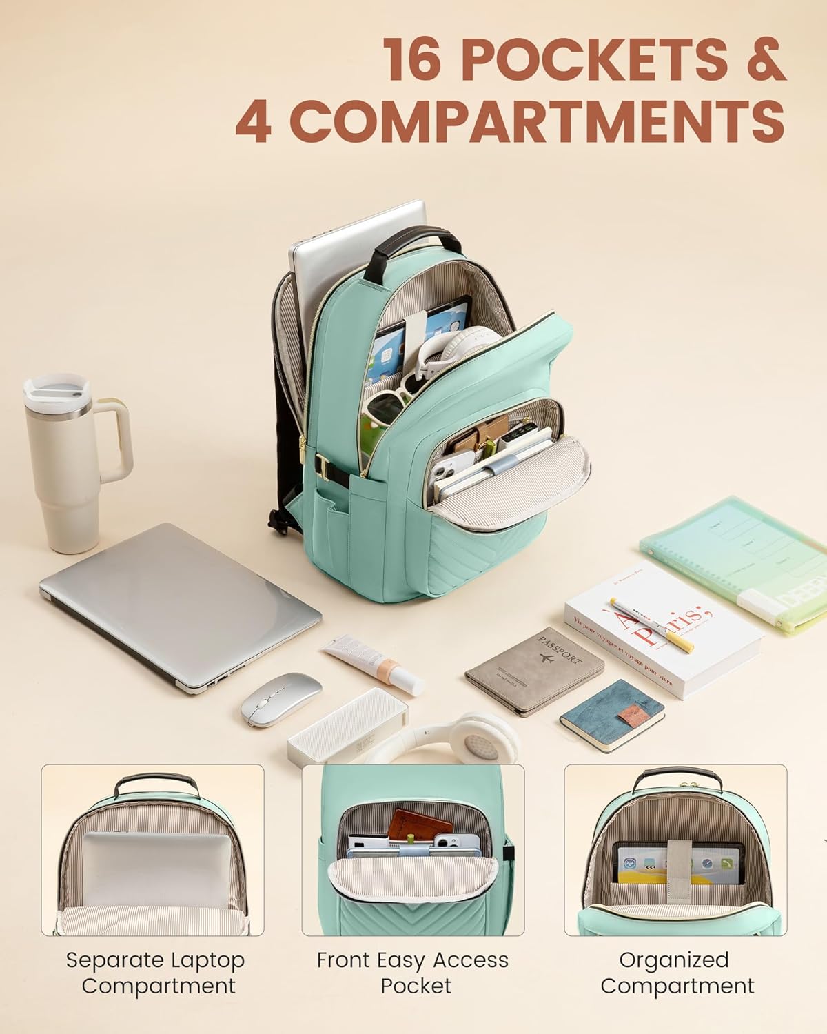 LOVEVOOK Laptop Backpack for Women with Giant Tumbler Holder 15.6 inch,Designer Travel Backpack Laptop Bag College Backpack,Quilted Work Nurse Teacher Backpack Purse Computer Bag Daypack,Mint Green - Image 3