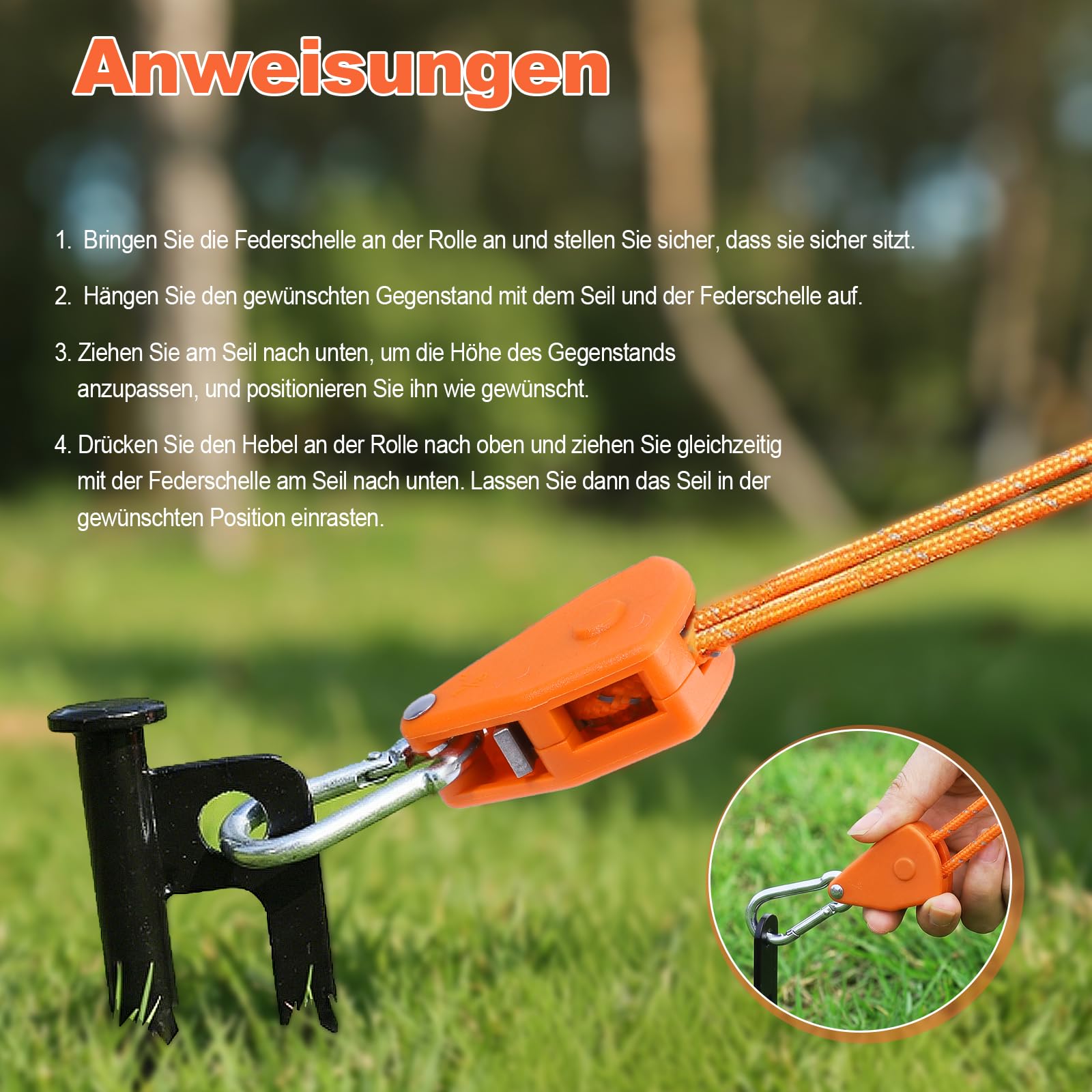8 Stück Flaschenzug mit Seilbremse, 4m Seilratsche Einstellbar Abspannseile φ 4mm Seilspanner mit Karabiner für Camping Zelte