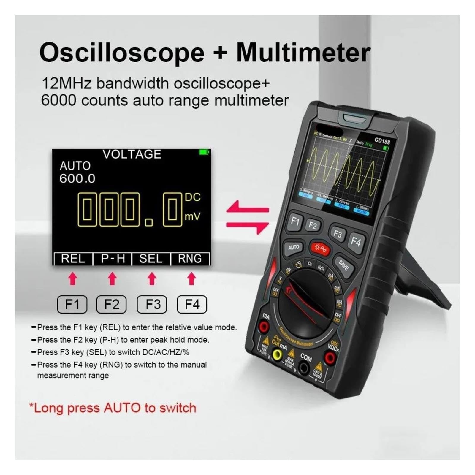 Osciloscopio, Osciloscopio digital 3 en 1 12MHz 50MS/s Multímetro Generador de señal Almacenamiento forma onda