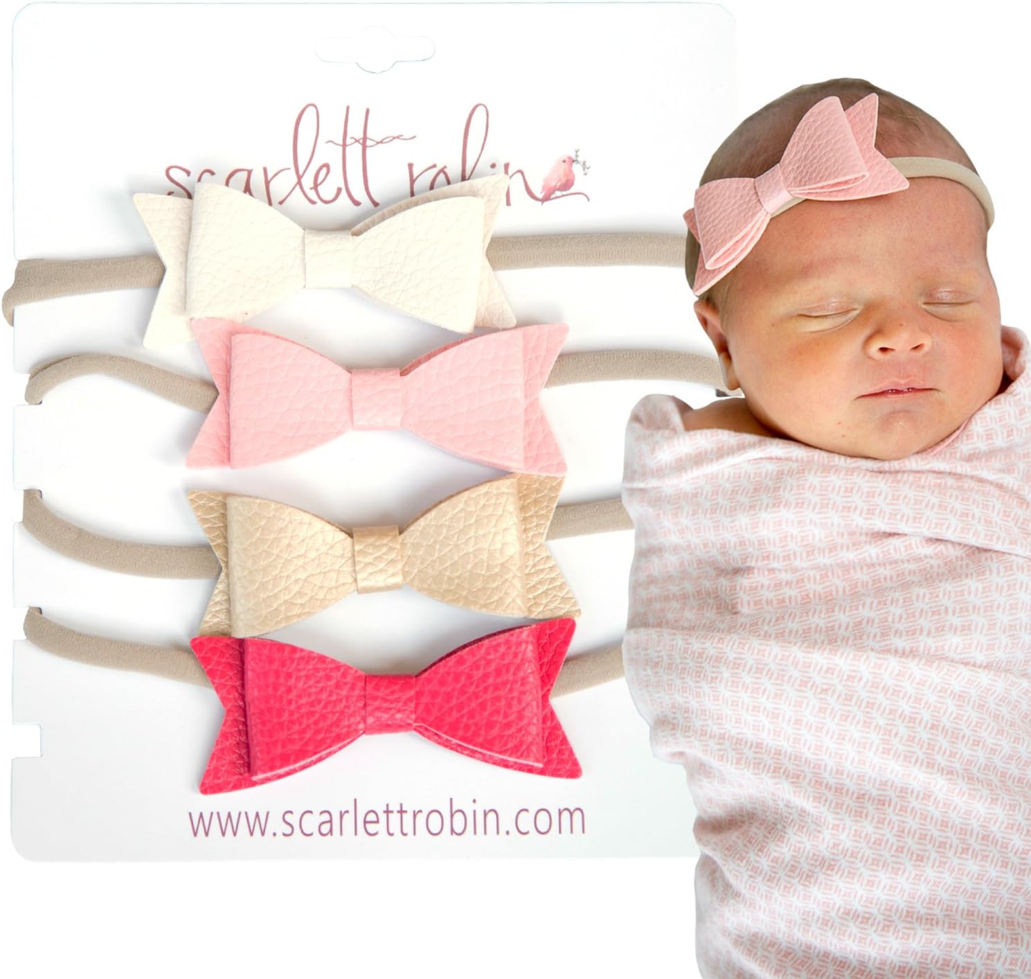 4 Baby Girl Hair Bows on Nylon Headbands | Leather"Pink Princess"| by Scarlett Robin
