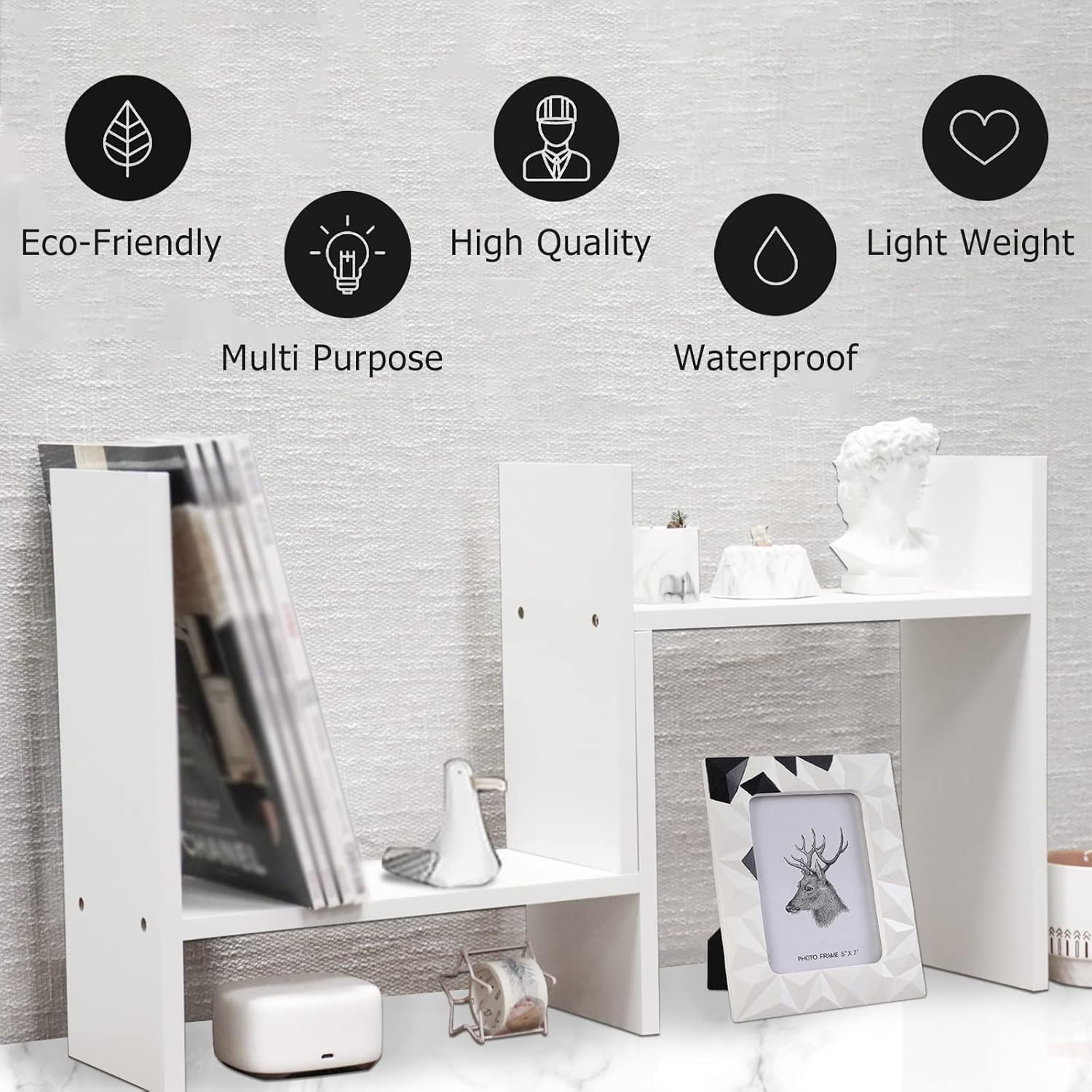 MASAKA B&W - Kawaii Storage Desktop Organizer for Your Desk Space, Double H Plants Display Shelf, Home Office Storage Rack Adjustable Stackable for Office, Dormitory (White*01)
