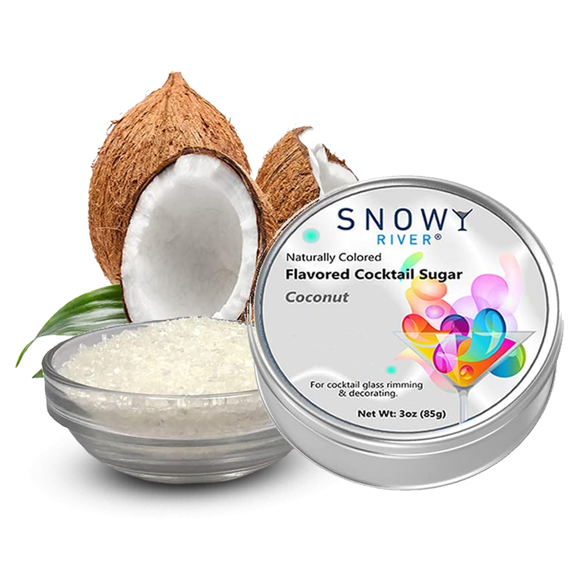 Snowy River Coconut Cocktail Sugar - Vibrant Flavored Coconut Rimmer, Beverage & Drink Decorating Sugar Crystals - 3oz