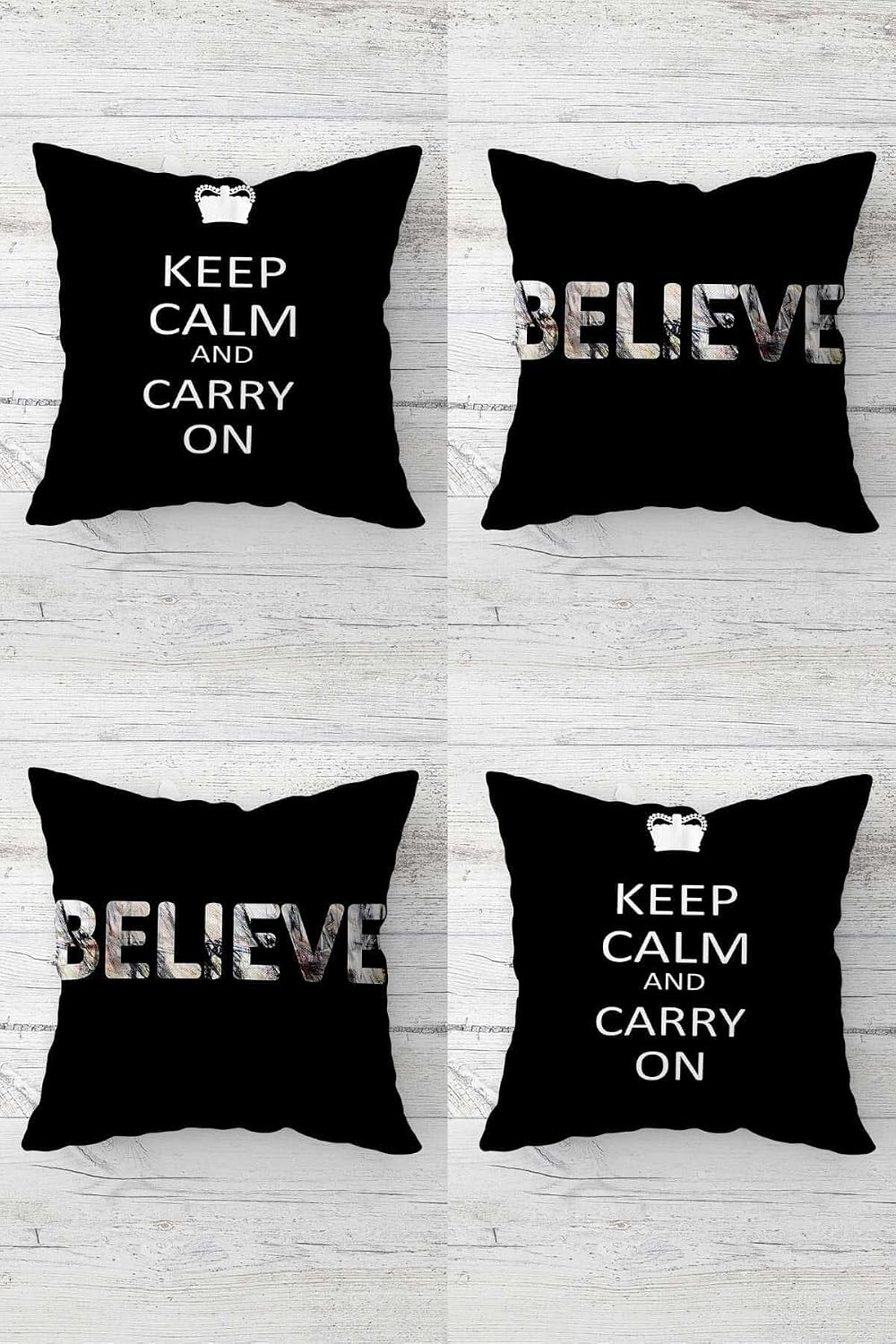 Pelangi Keep Calm And Carry On Believe Yazı Gizli Fermuarlı Kırlent Kılıfı Koltuk Yastık Kılıfı Takım(4adet), Koyu Siyah 45 x 45