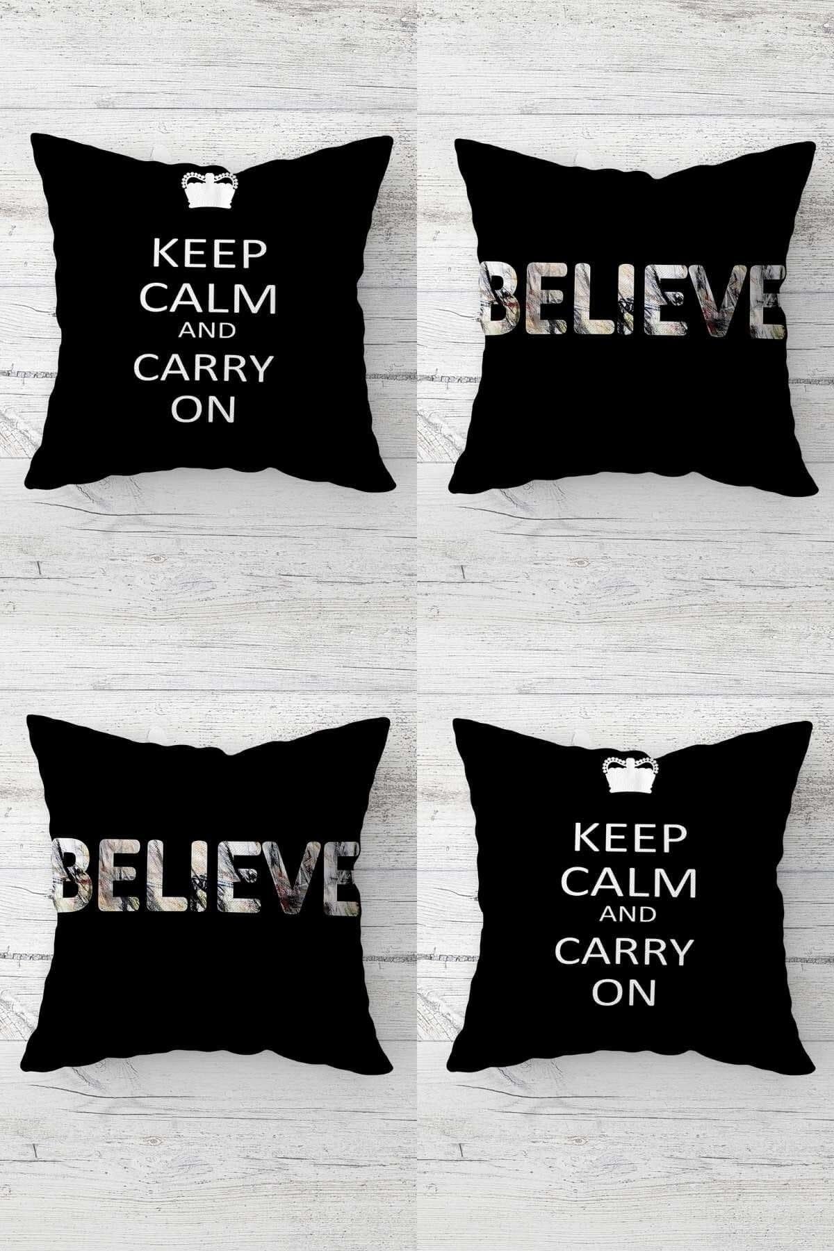 Pelangi Keep Calm And Carry On Believe Yazı Gizli Fermuarlı Kırlent Kılıfı Koltuk Yastık Kılıfı Takım(4adet), Koyu Siyah 45 x 45