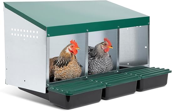 Homestead Essentials Compact Style 3 Compartment, Forward Rollout & Rollaway, Hen & Chicken Nesting Box with Protective Egg Laying Collection Lids