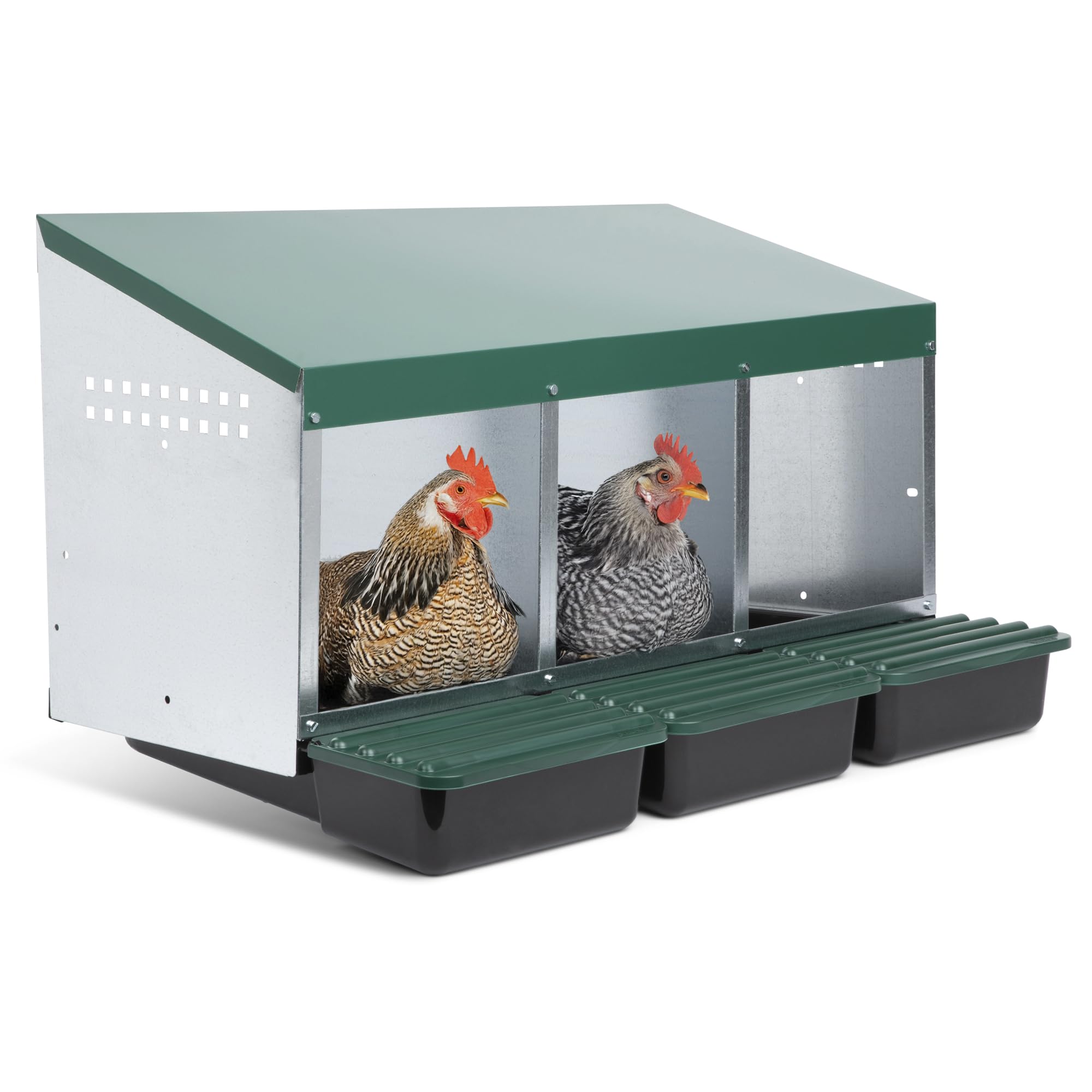 Homestead Essentials Compact Style 3 Compartment, Forward Rollout & Rollaway, Hen & Chicken Nesting Box with Protective Egg Laying Collection Lids