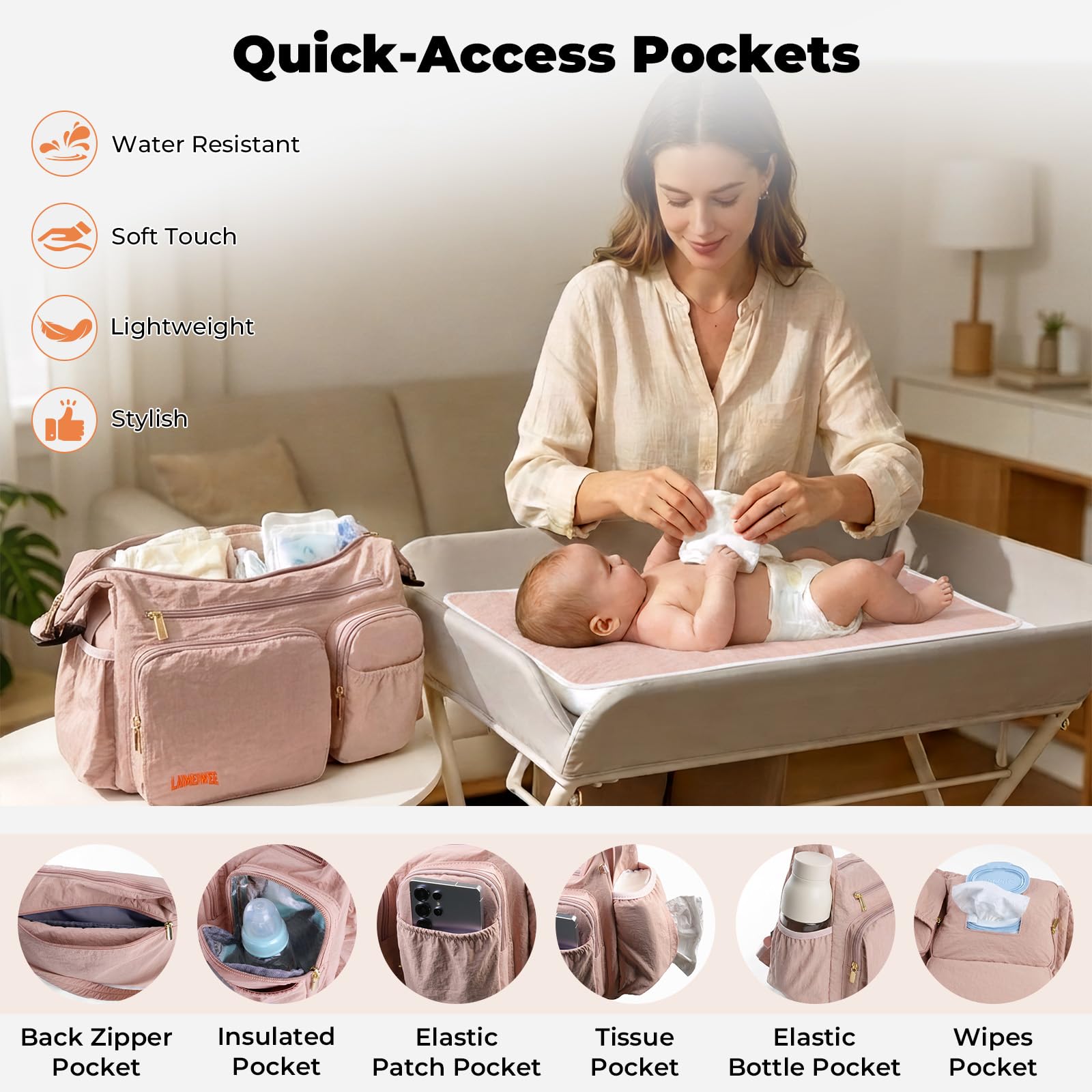 Bolso Cambiador Mullido 2 en 1, Organizador de Carrito y Bandolera para Mamá, 13L Ligero, Bolsa de Viaje Bebé, Trabajo, Gimnasio, Hospital Maternidad