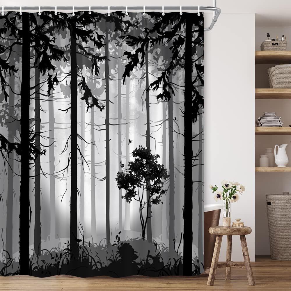 Misty Forest Full Moon Shower Curtain Halloween Black White Tree Foggy Abstract Gothic Nature Gray Art Farmhouse Polyester Fabric Bathroom Decor 70×96 Inch with Hook