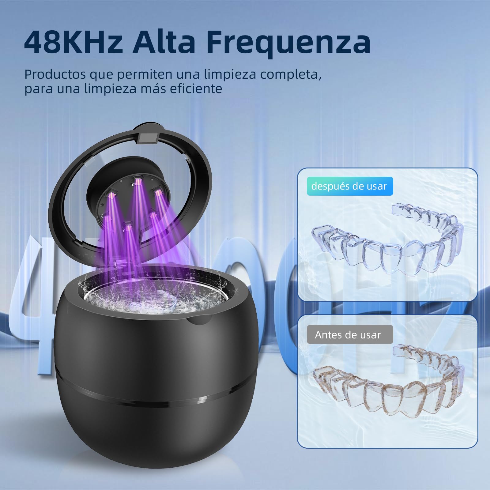 Limpiador Ultrasonidos Dental Inalámbrico 48000Hz, 210ml Portatil Ultrasonidos Limpieza Recargable con 6 lámparas UV y 4 modos para Dentaduras Postizas, Alineadores, Retenedores y Joyas