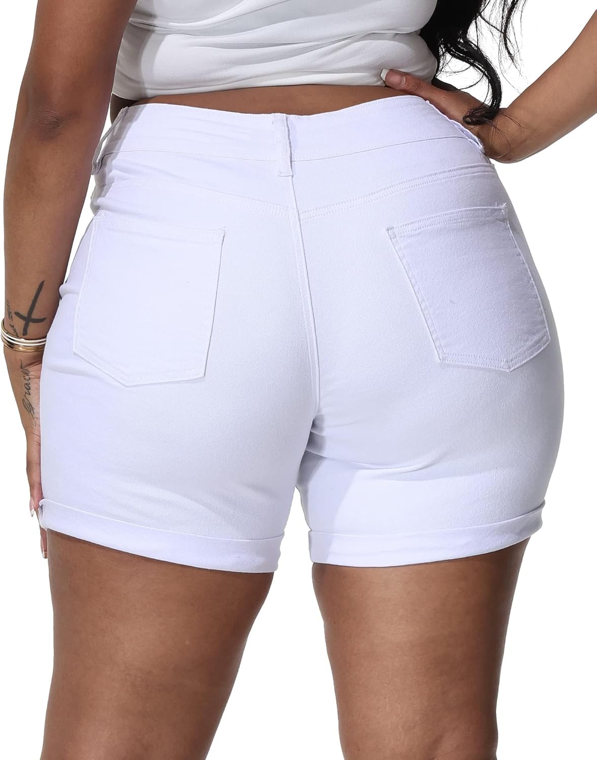 Womens Plus Size Jean Shorts Stretchy High Waisted Distressed Fold Hem Denim Shorts - Image 2