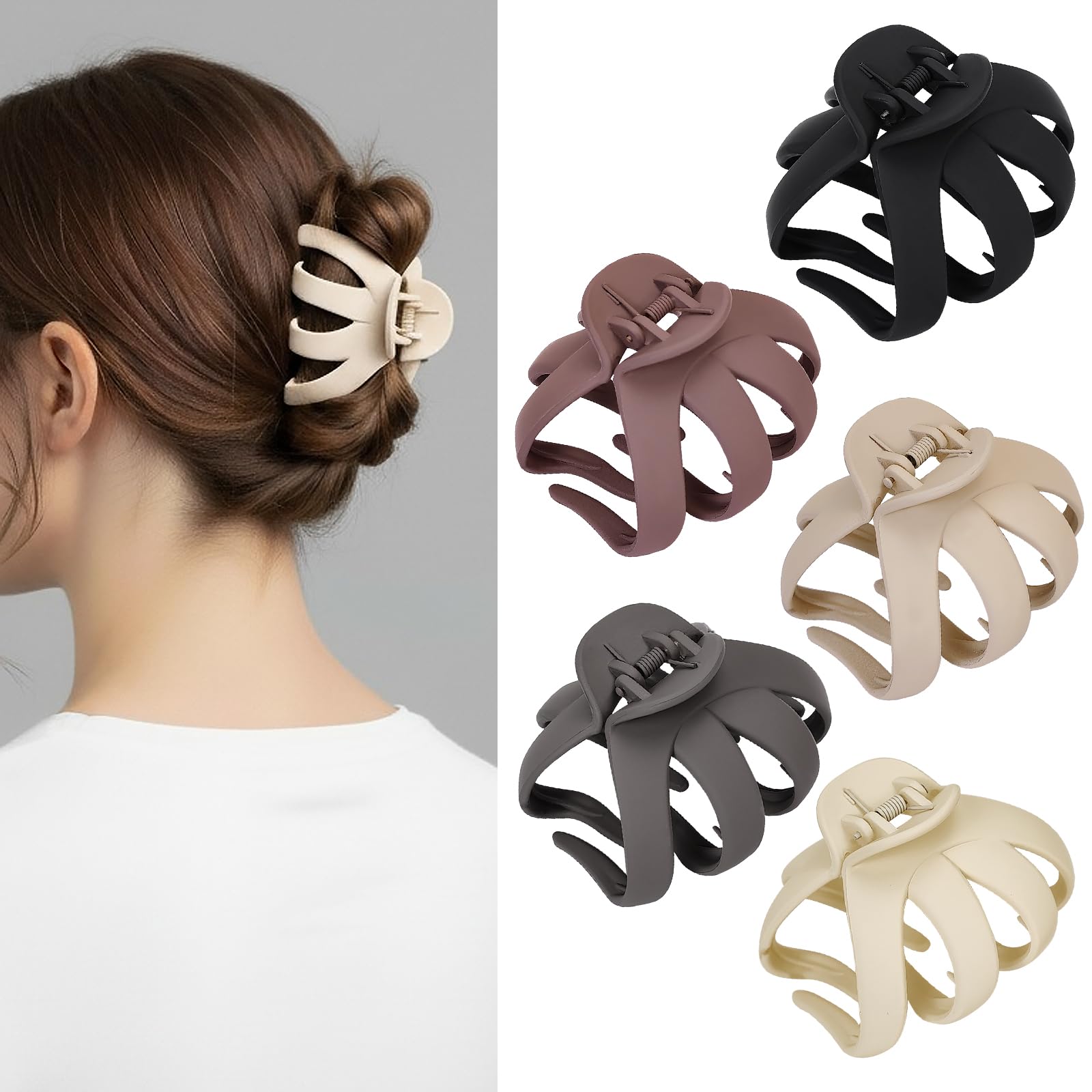 HFZRZFH 5-Pack Octopus Claw Hair Clips for Women and Girls, 3.34" Non-Slip Jumbo Clips for Thick and Medium Hair, Strong Hold, Matte Finish, Neutral