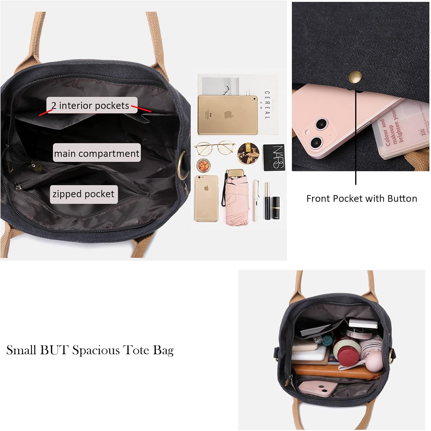 UERRUAM Small Canvas Tote Bag for Women Aesthetic Crossbody Bag Everyday Bag with Pockets Zipper Satchel Handbag