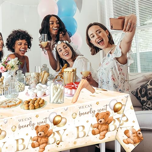 Miniatura 6 de CMUSKO Decoraciones de oso para baby shower para niños, 3 piezas, con temática de oso marrón, mantel de plástico para mesa de bebé para suministros