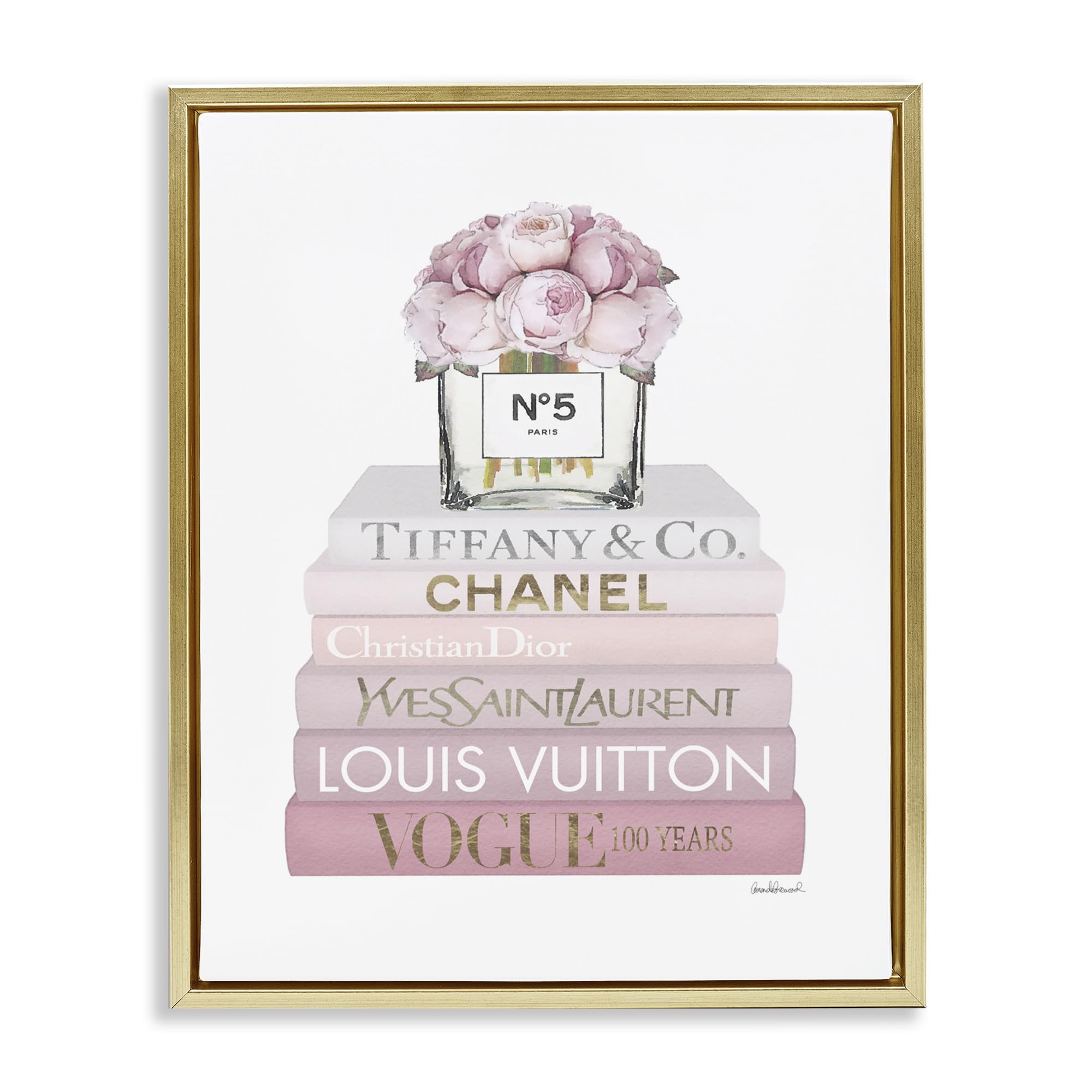 Pink Rose Bouquet Bookstack Glam, 16 x 20 Inch Canvas in Floater Frame