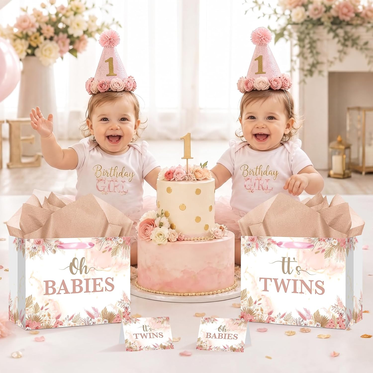 Twins Baby Shower Decorations Bag Boho Pampas Grass It's Twins Oh Babies Gift Bag with Wrapping Papers&card for Gender Reveal Baby Girls Pregnancy Announcement Birthday Newborn Party Decor Supplies image 5