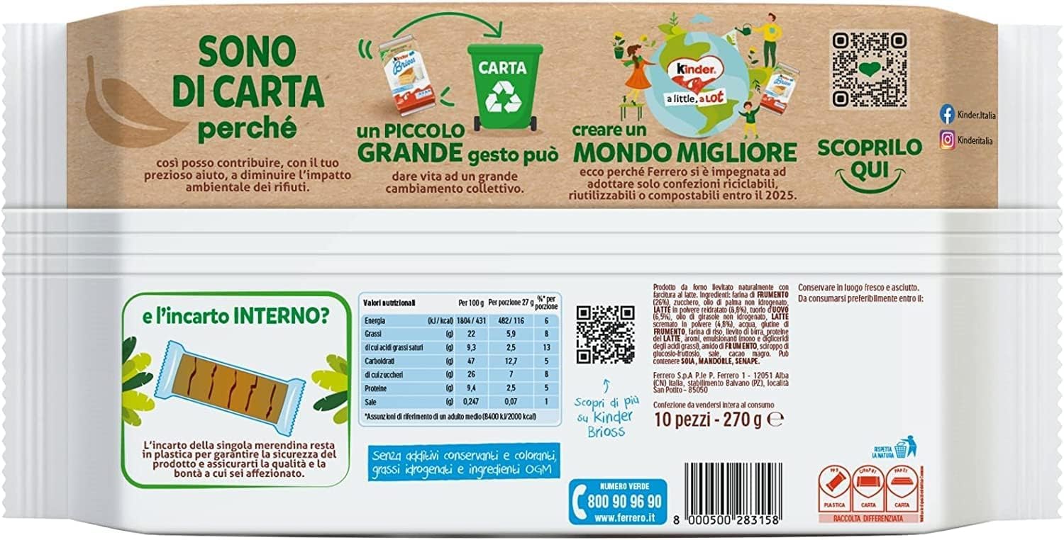 Italian Gourmet Lot 12x Kinder Brioss au Lait – Gâteaux moelleux individuels pour petit-déjeuner & goûter, snack enfants, format familial 12 x 270 g, pâtisserie Italian + Italian Gourmet Polpa