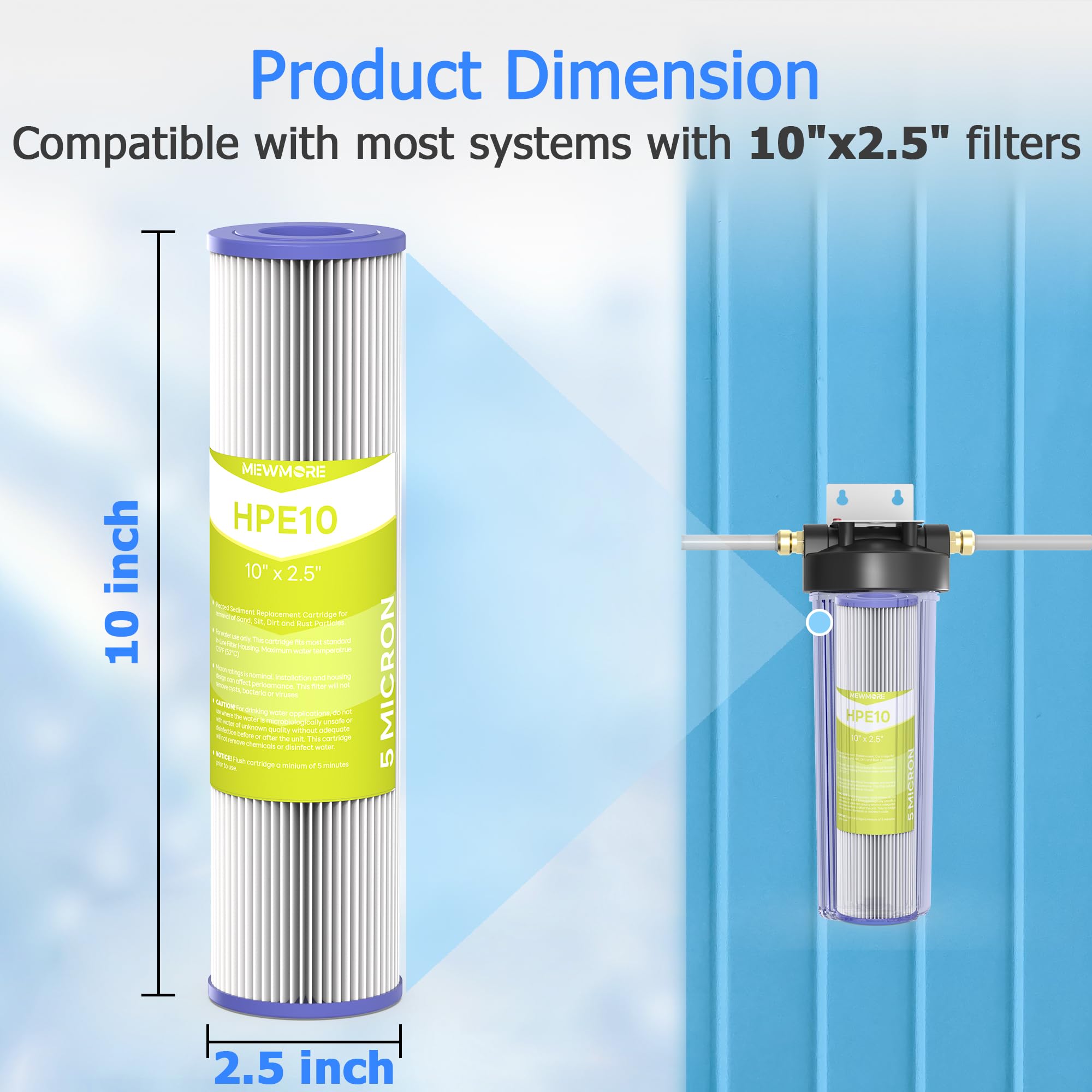 Cartucho de filtro de agua para toda la casa de 5 micras, 10 x 2.5 pulgadas, paquete de 6 | Filtros de sedimentos plisados para agua de pozo, reemplazo universal para cualquier unidad RO de 10 pulgadas
