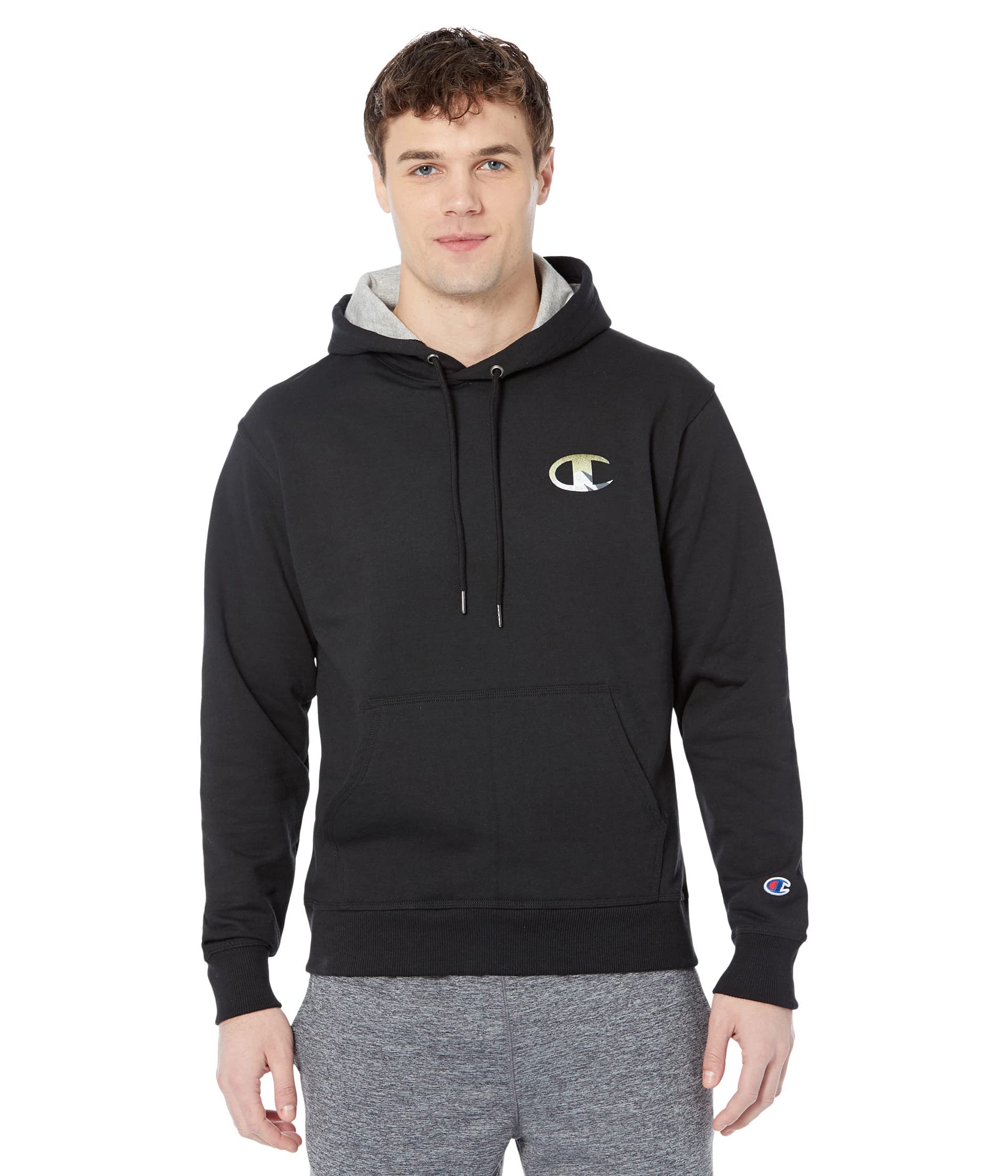 Sweat à capuche graphique Champion Powerblend noir Small avec logo imprimé et molleton doux