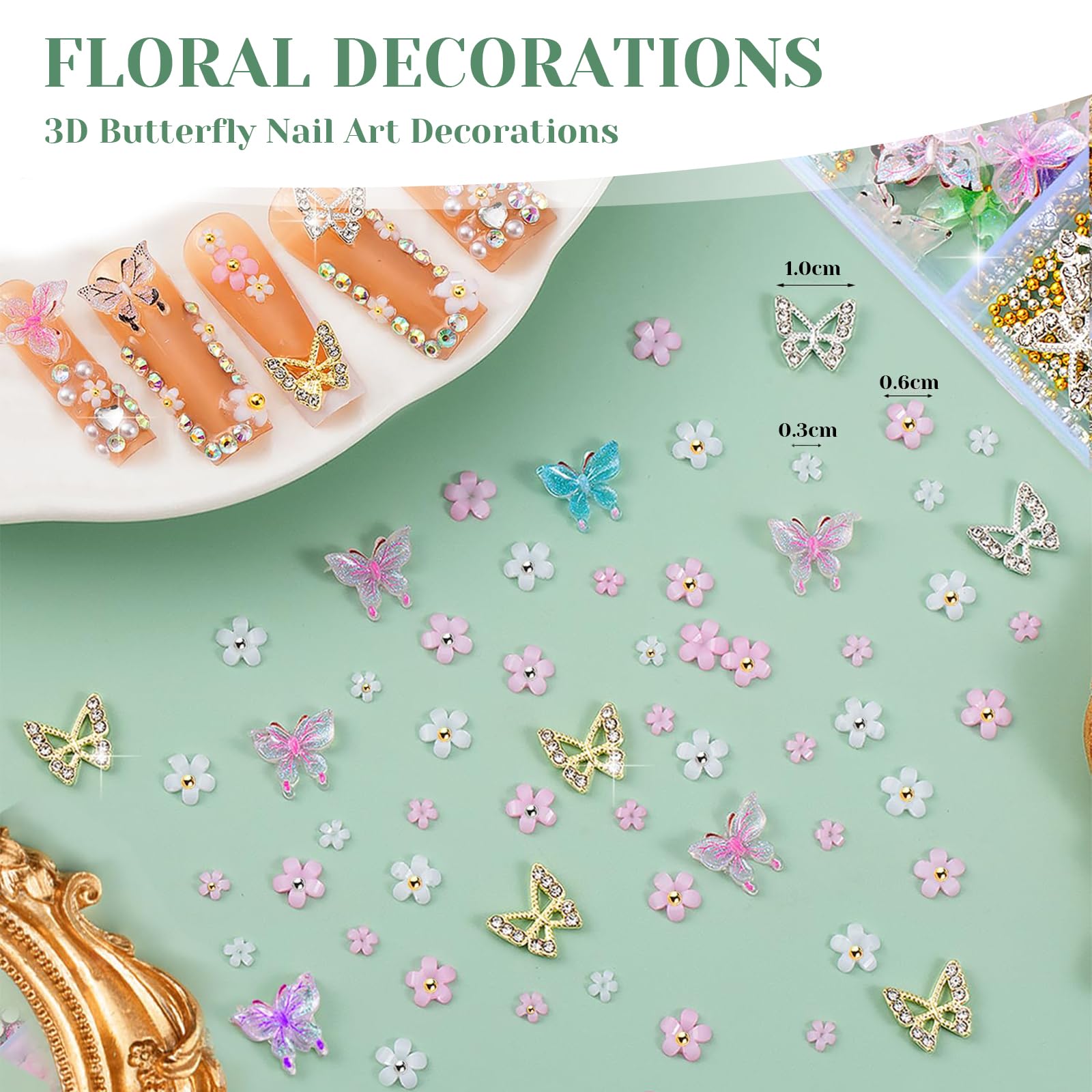 10000 Pezzi Fiocco Rosa Carino Cuore 3D Fiori Charms, Farfalla Dorata Chunky Decorazioni, Gioielli Per Unghie Diamanti Strass, Perline Per Nail Art