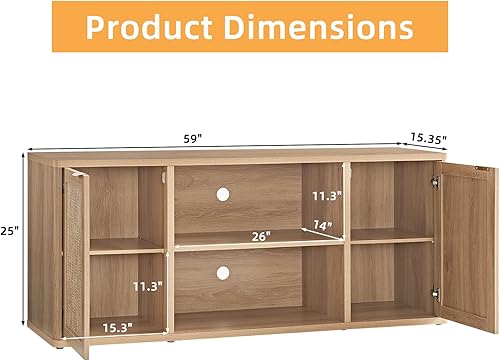 Miniatura 2 de LEYAOYAO Soportes de TV de ratán para sala de estar, gabinete de TV bohemio con almacenamiento y estante abierto, centro de entretenimiento de