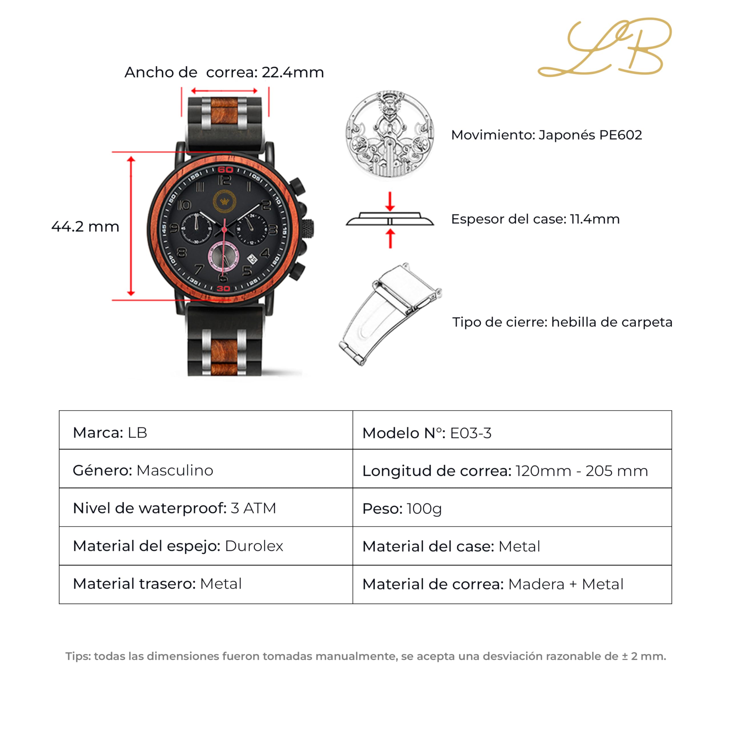 Reloj Madera Personalizado Hombre-Grabado Perdonalizable Regalo Boda Cumpleaños o Momento Especial Artesanal Movimiento Japones Cristal Durolex Resistente Agua Elegante Exclusivo