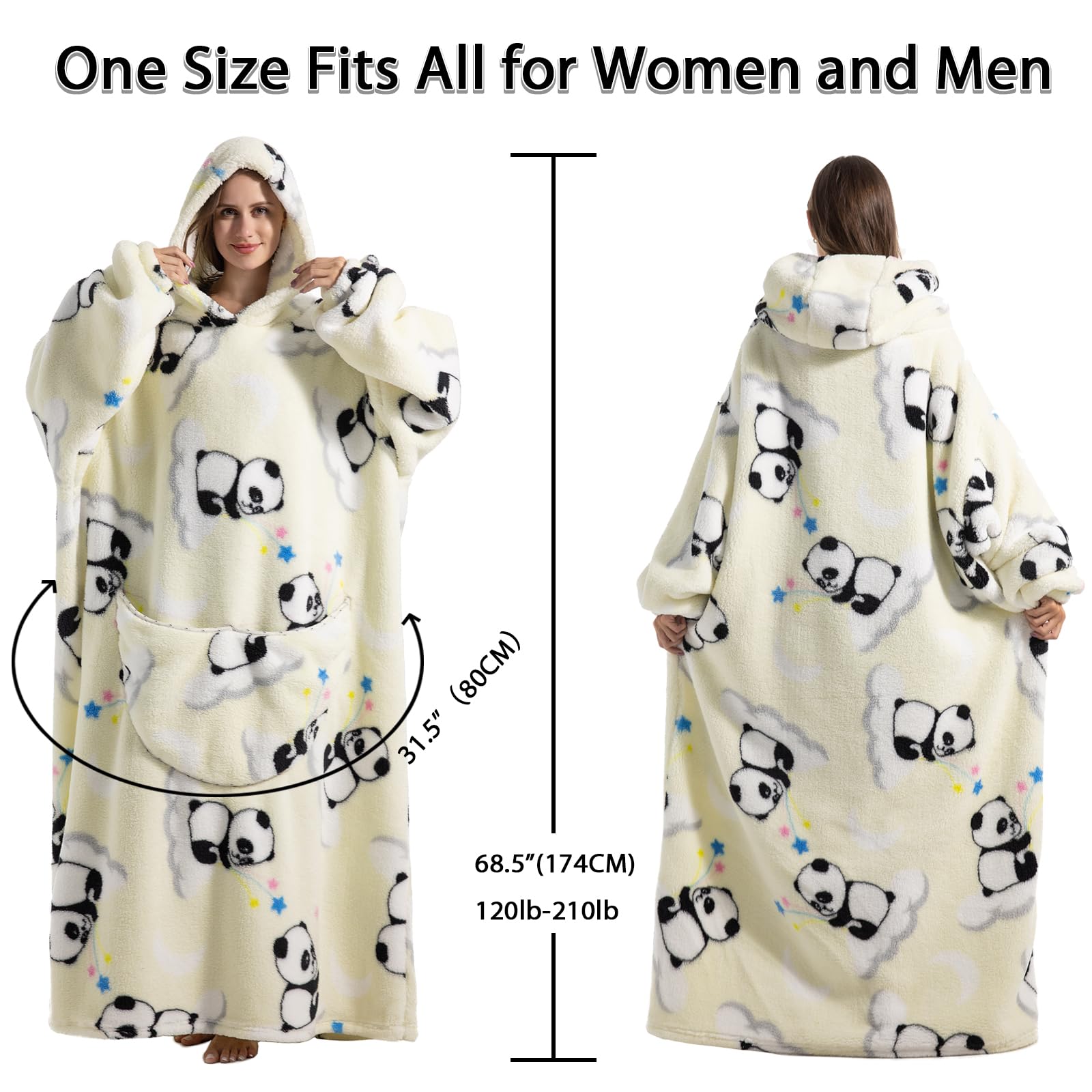 Pterygoid Extra Long Oversized Blanket Hoodie,Hooded Wearable Blanket with Sleeves for Women and Men,Soft Fleece Wearable Throw Giant Sweatshirt Adult with Pocket,Panda in White,Panda on Cloud - Image 4