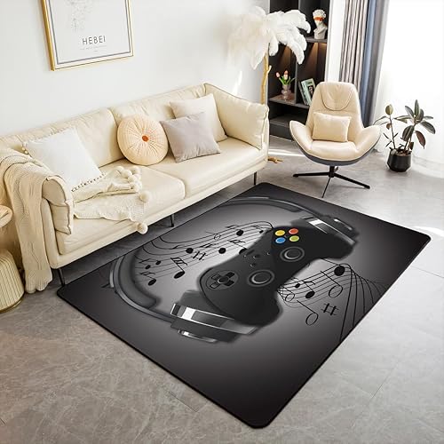 Alfombra gamepad de 3 x 5 pies, color negro y gris, con auriculares, diseño musical, para niños y niños, decoración de sala de videojuegos, alfombra