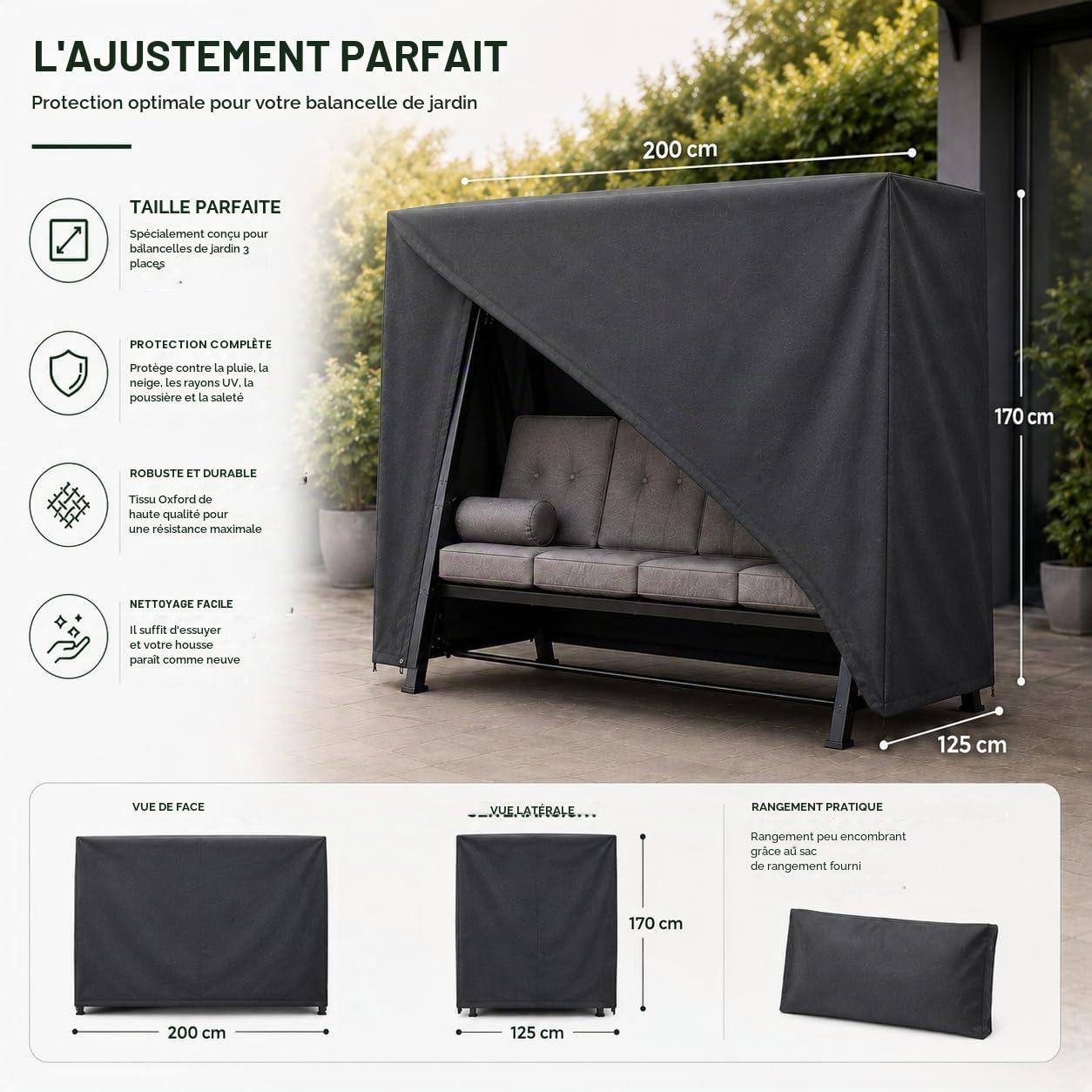 Housse de protection pour balancelle de jardin 2,3,4 places, imperméable, coupe-vent et protection UV – Bâche indéchirable pour balancelle de jardin et banc à bascule – 210 x 150 x 150 cm