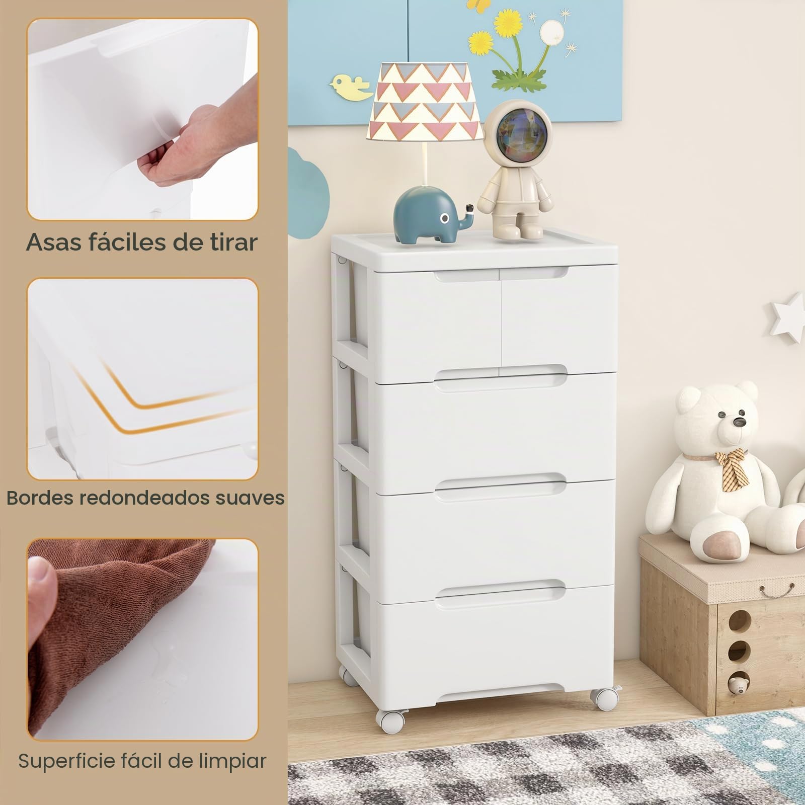 KOMFOTTEU Cómoda Estrecha con Cajones, Cajonera de Plástico con 4 Ruedas, Mueble de Almacenamiento Vertical para Dormitorio, Baño, Oficina, Blanco (4 Niveles)