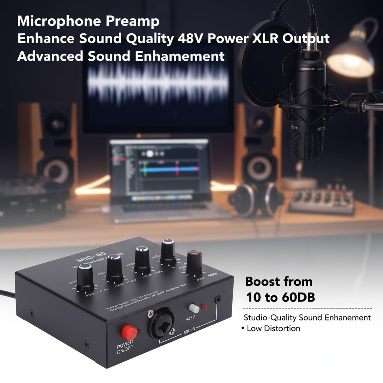 Preamplificador de micrófono XLR balanceado SustVita con ganancia de 10-60 dB, potencia de 48 V para micrófonos dinámicos y de condensador, un amplificador de ganancia de
