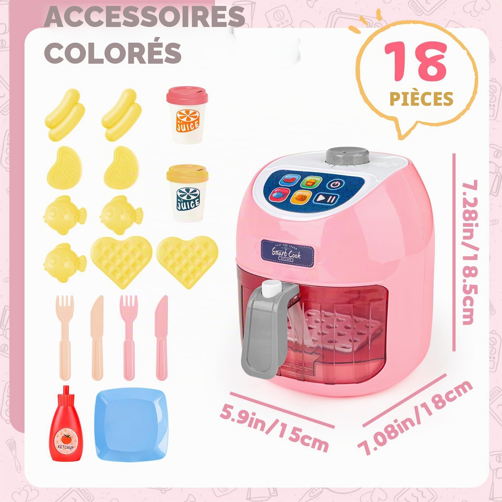 deAO Friteuse à Air Jouet, Ensemble de Cuisine avec Sons, Lumières (Rose) | Aliments Changeant de Couleur, Matériaux Sûrs, sans Bords Tranchants, pour Garçons et Filles, Cadeau Enfant