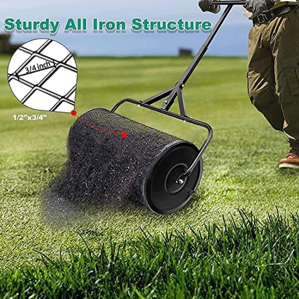 Lawn & Garden Spreaders - 24 inch Heavy Duty Metal Mesh Roller Push/Tow Spreader - Compost, Peat Moss, Top Soil, Mulch-Garden & Lawn Care - Walk and Push Basket Sifter for Yard