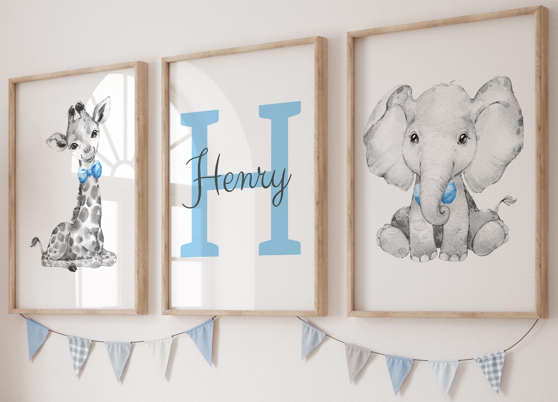 Eviepops Prints Personalised Safari Animals Set of 3 Unframed Poster Prints For Baby Boy Girl Nursery Bedroom, Personalise Name, 8 Animals And 6 Colour Bow Tie Combinations, Safari Theme (A4) — image 1