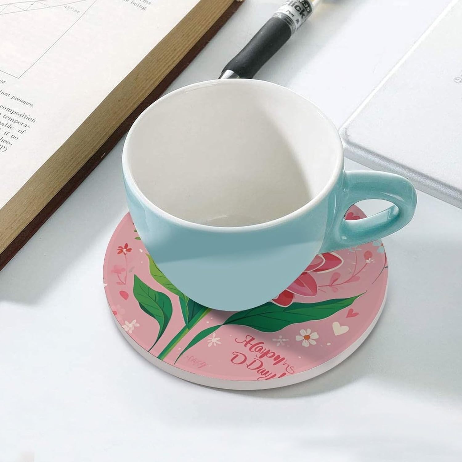 6PCS Happy Mother Day Coasters Non-Slip Round Drink Coasters with Ceramic Stone and Cork Base, Heat Resistant Absorbent 33.00Stone Coaster Set for Kinds of Mugs and Cups, 4 Inch