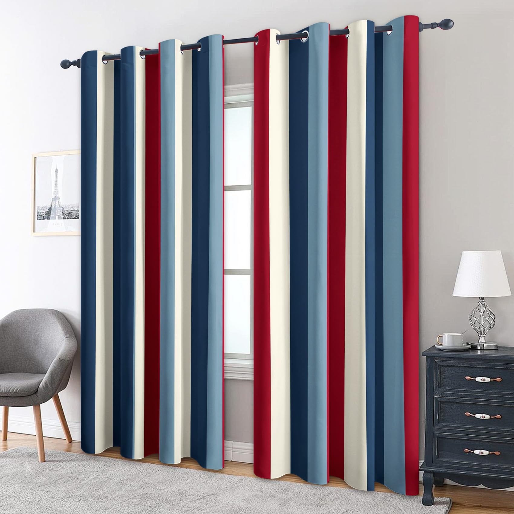 Rideaux occultants grand salon déco élégante rayures bleu rouge 228cm