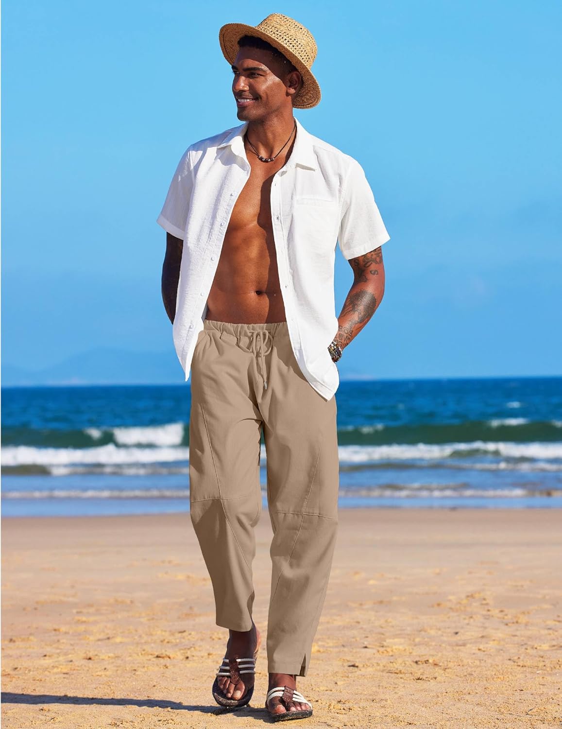 COOFANDY Men's Linen Harem Drawstring Pants Casual Elastic Waist Lightweight Trouser Hippie Summer Beach Yoga Pants - Image 2