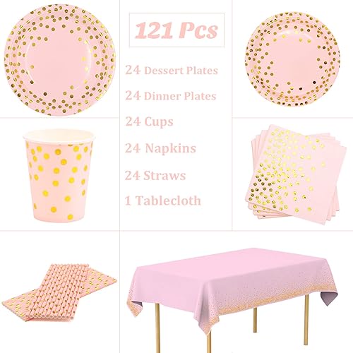 Miniatura 7 de Suministros para fiestas de 24 invitados, color rosa y dorado, platos, servilletas, vasos, popotes y manteles para baby shower, primer cumpleaños,