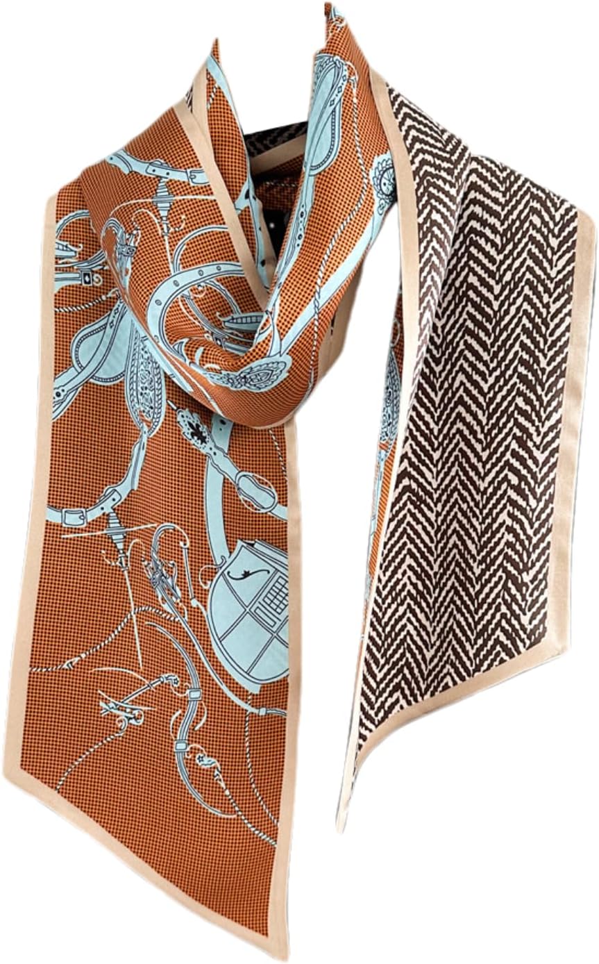 100% Mulberry Silk Scarf for Women - Luxury Long Skinny Neckerchief with Vintage Print, Lightweight Fashion Accessory for Office, Party, or Travel