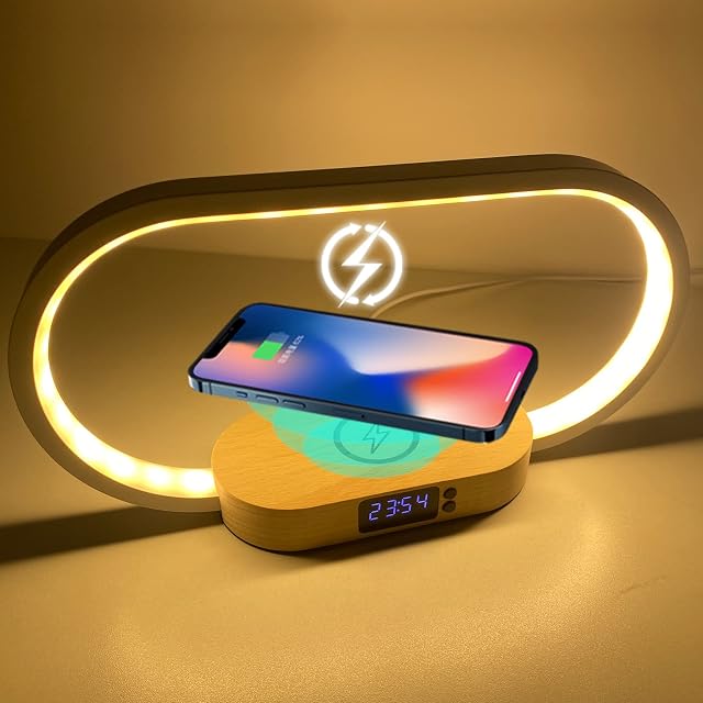 WITFAMILY Bedside Lamps with 10W Wireless charging and Brightness Adjustable Clock, LED Table Lamp Dimmable with 3 Color ModesTouch Control Lamp with USB PortWood Decor for Home
