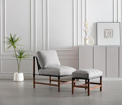 Miniatura 4 de Wahson Silla de descanso Mid Century Chaise lounge, sillón tapizado de lino retro, con marco de madera y cojines de lino, silla grande para sala de
