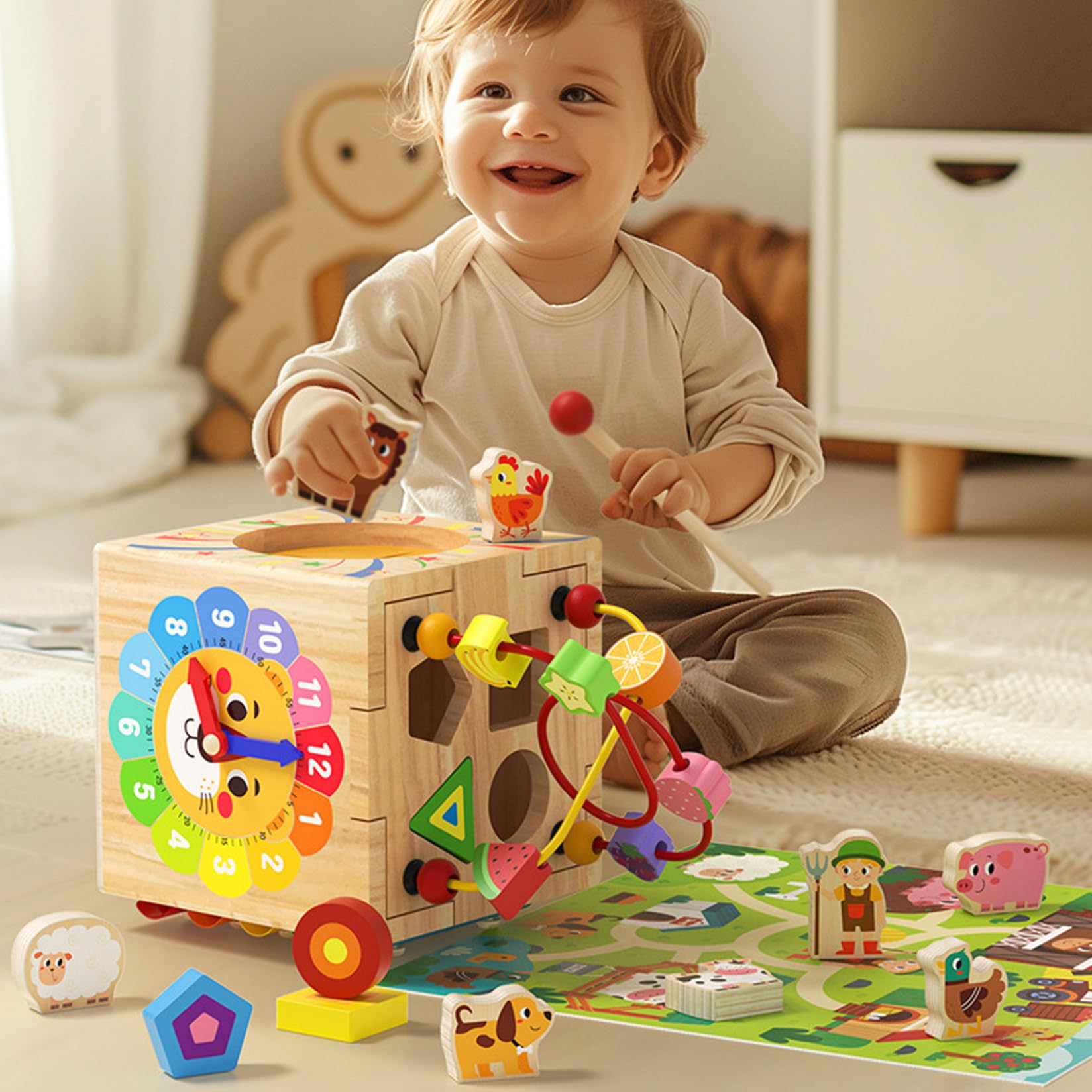 Juguetes de cubo de actividades de madera, 1 juego 6 en 1, cubo de actividades multifuncional para bebés, juguetes sensoriales educativos y de aprendizaje para niños para vacaciones y cumpleaños