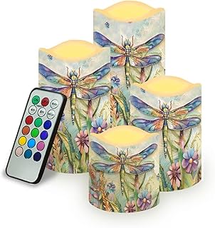 Dragonfly Floral Flameless Candle with Remote Control Electric LED Pillar Candle Timer Color Changing Long Lasting Pack of 4 Battery Candles for Tabletop Beach Home Indoor Decoration