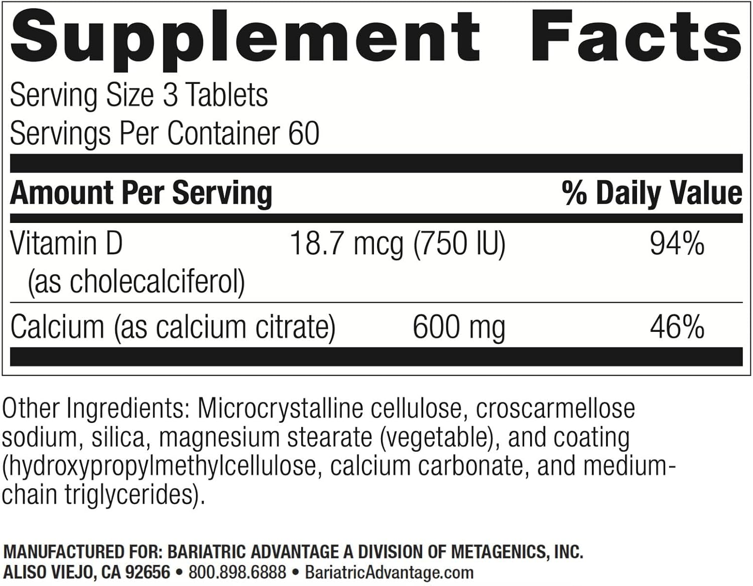 Bariatric Advantage Non Chewable Calcium Citrate 600 mg Calcium - for Bariatric Surgery Patients - Vitamin D3 - Mineral Supplements - 180 Tablets - Image 4