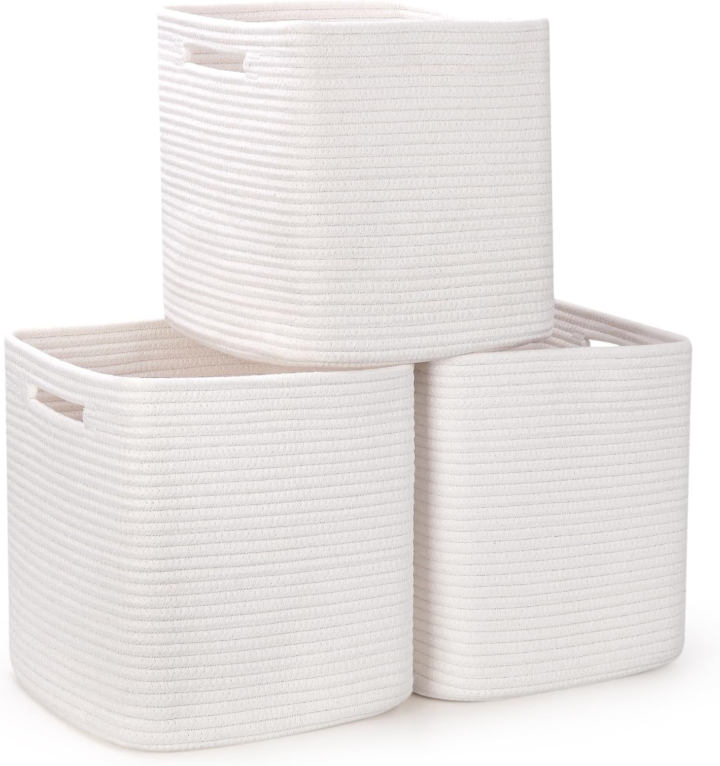 Woven Rope Storage Cube Basket 11 Inch, Square Cube Storage Bin, Decorative Organizer for Kallax, Kids Toy, Closet, Baby Nursery, Decor - Cream White, 3 Pack