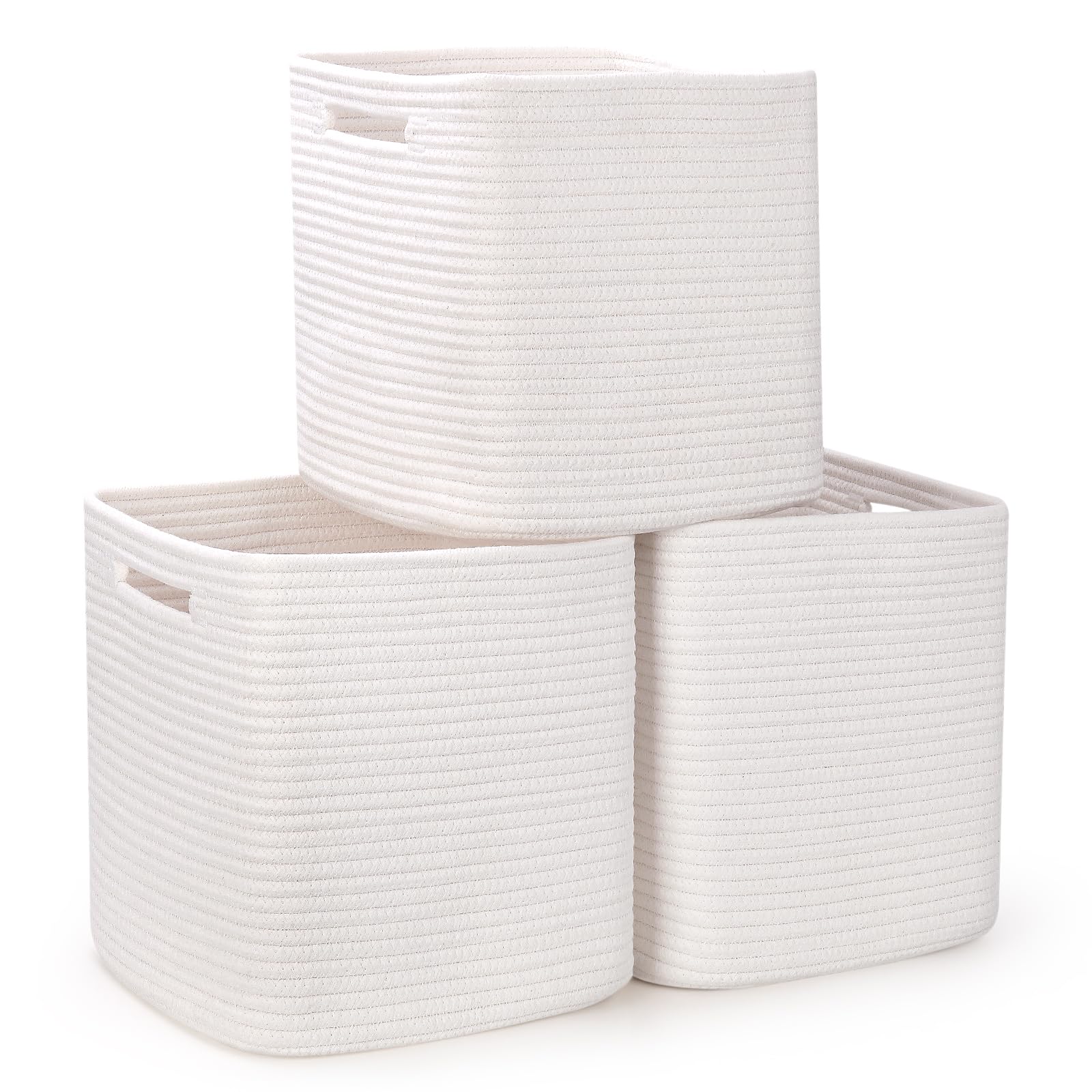 Woven Rope Storage Cube Basket 11 Inch, Square Cube Storage Bin, Decorative Organizer for Kallax, Kids Toy, Closet, Baby Nursery, Decor - Cream White, 3 Pack