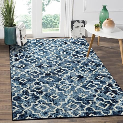 Wonnitar Alfombra marroquí lavable, tapete de entrada azul de 3 x 5 pulgadas, antideslizante, neutro, para habitación de niños, tapete moderno