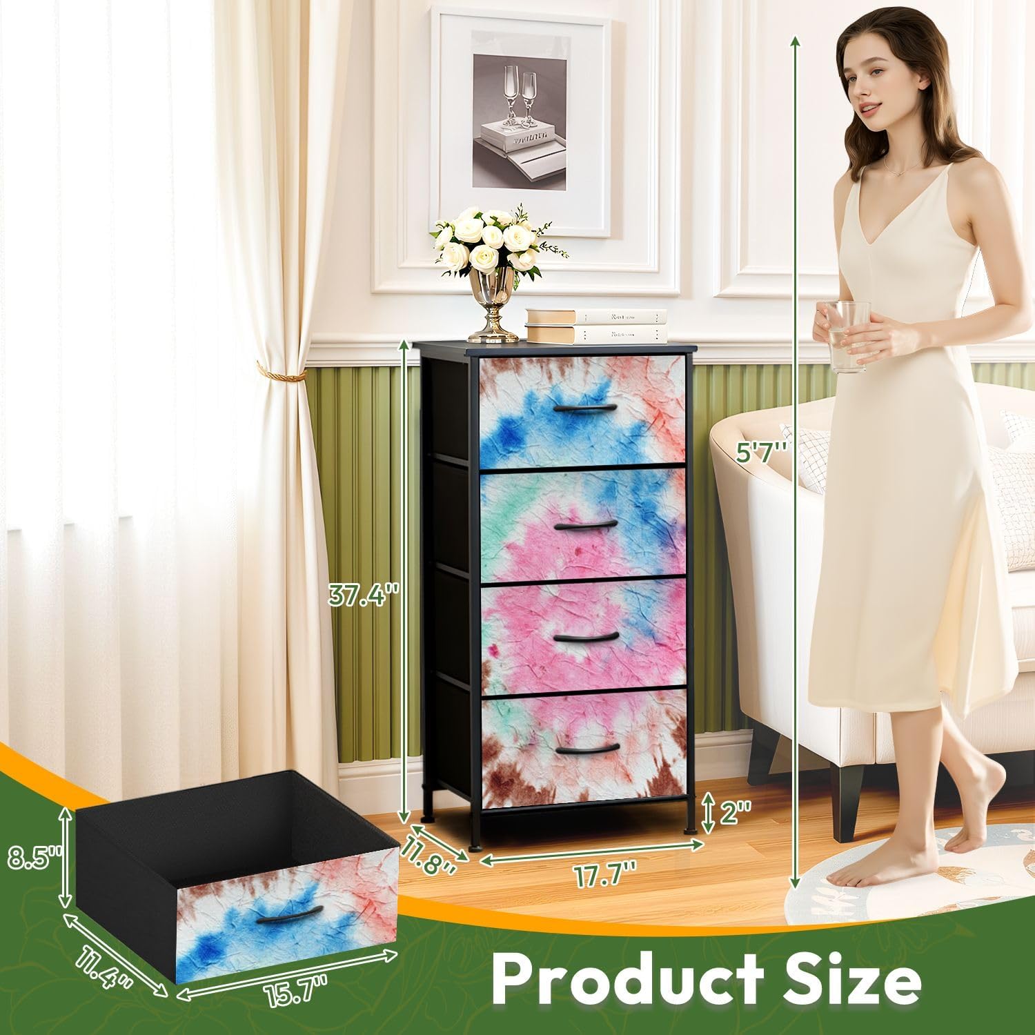 Dresser for Bedroom Psychedelic Shirt Tie Dye Spiral Tye Style Pastel Tie Dye Spiral Boho Dresser for Closet with 4 Fabric Storage Drawers, Chest of Drawers for Closet Living Room Nusery Hallway