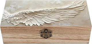 Angel Wing Rustic Wooden Jewelry Box with Hinged Lid - Vintage Natural Wood Keepsake Trinket Storage Organizer Gift Box, 7.9×3.9×2.3 Inch