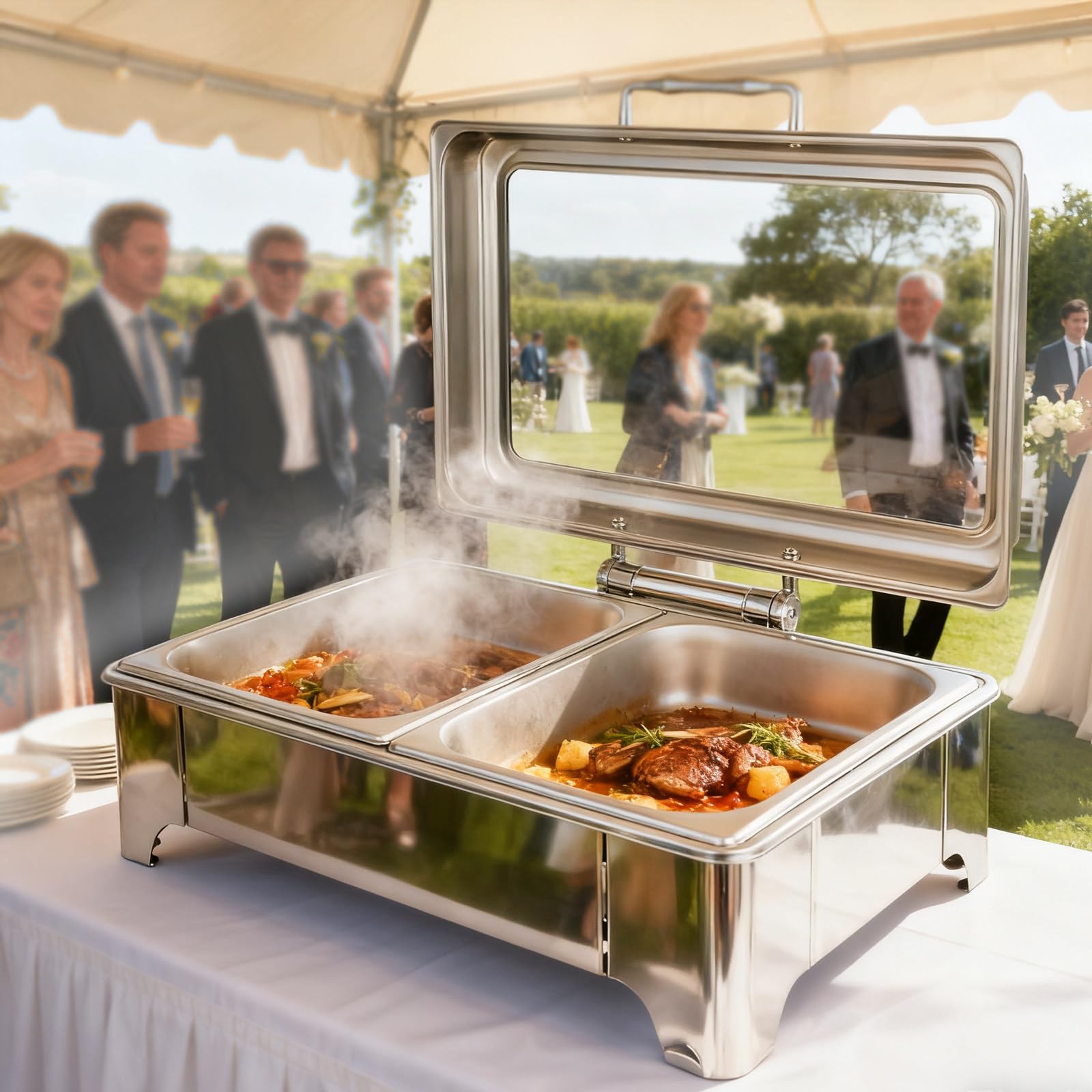 Chafing Dish Buffet Electrico, Profesional Calentador de Buffet Electric, Food Warmer Buffet Server para Catering y Fiestas, 9L, 400W, Acero Inoxidable (1/2)
