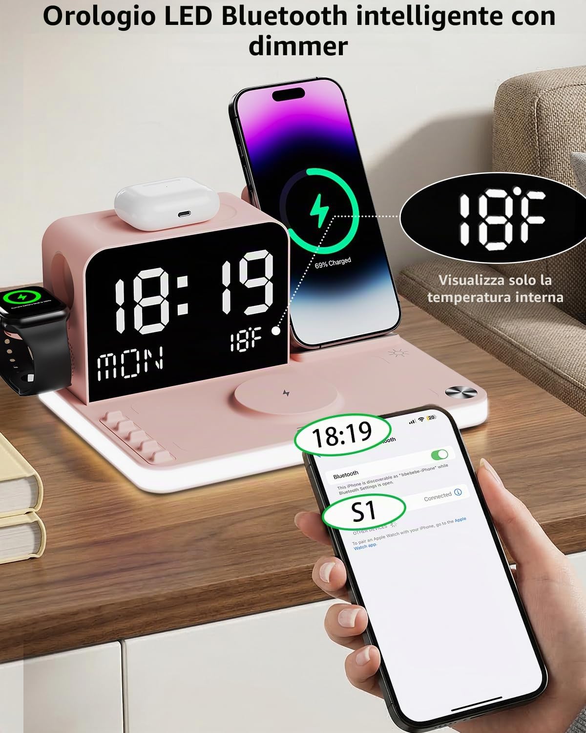 Acer Stazione di ricarica wireless 7 in 1 con orologio a LED, caricabatterie wireless veloce da 30 W per iPhone 16/15/14/13/12/Pro Max, Apple Watch, AirPods, sincronizzazione automatica dell'ora e